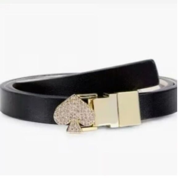 kate spade L/XL Black White Interior Pale Gold Tone Jeweled Spade Skinny Belt main image 11